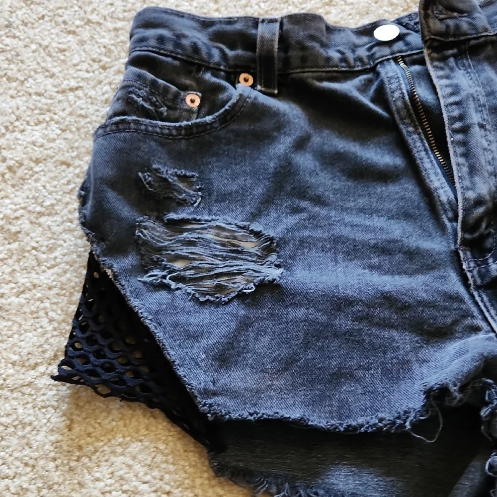 Furst of a Kind Reworked Levi's Dark Denim Distressed Shorts Mesh Sides Sz M
